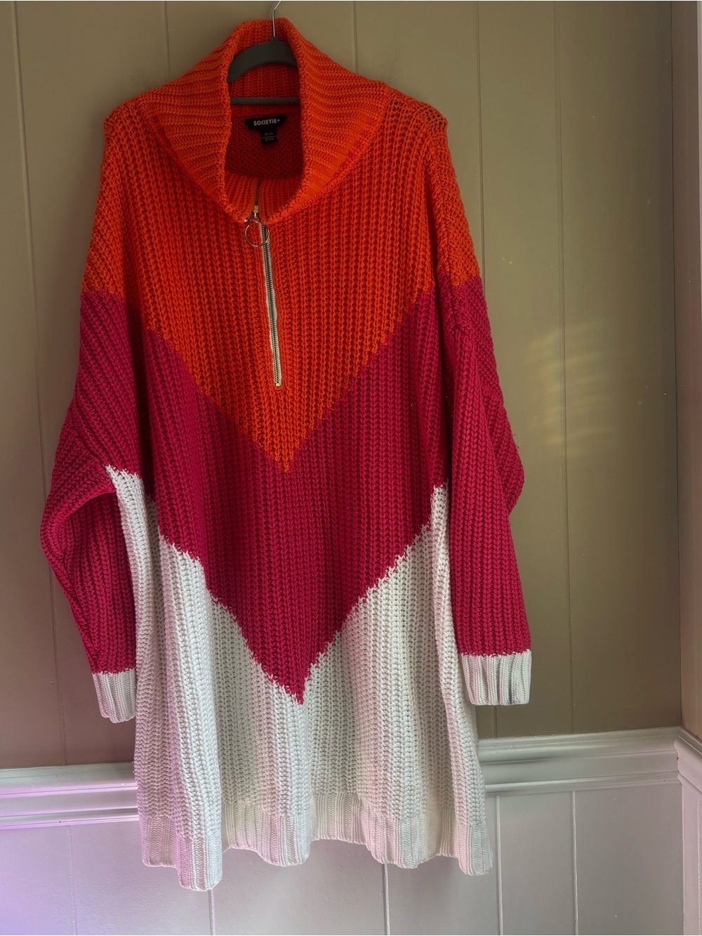 SOCIETIE+ Women’s Plus Size 26/28 Colorblock Chevron Quarter-Zip Knit Sweater